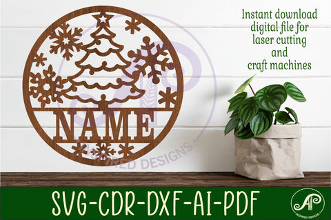 Christmas tree and snowflakes Christmas name sign svg laser SVG APInspireddesigns 