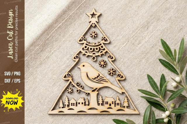 Christmas Tree Bird Ornament – Laser Cut Wooden Holiday Decoration Design SVG Regulrcrative 