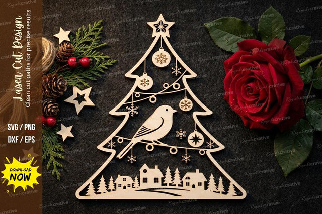 Christmas Tree Bird Ornament with Hanging Decorations – Laser Cut Wooden Holiday Design SVG Regulrcrative 