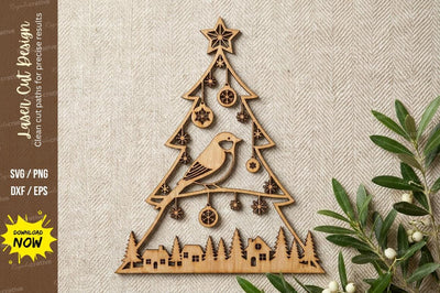 Christmas Tree Bird Ornament with Village Scene – Laser Cut Wooden Holiday Wall Art SVG Regulrcrative 