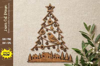 Christmas Tree Bird with Snowflake Ornaments – Laser Cut Wooden Holiday Wall Art SVG Regulrcrative 