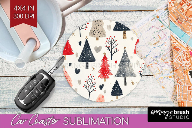 Christmas Tree Car Coaster - Vintage Christmas Sublimation Sublimation OrangeBrushStudio 
