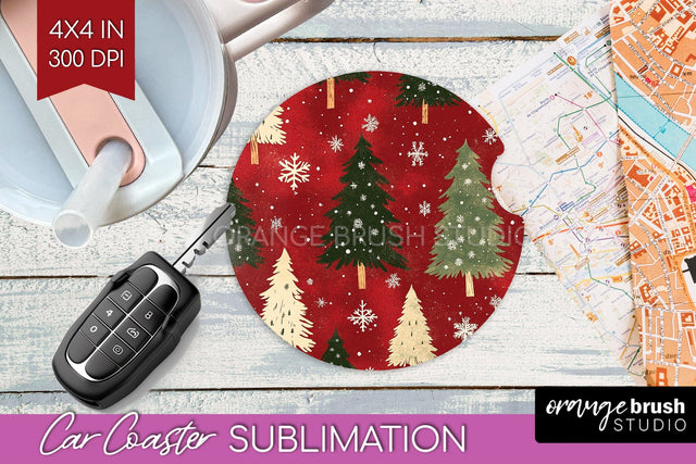 Christmas Tree Car Coaster - Vintage Christmas Sublimation Sublimation OrangeBrushStudio 