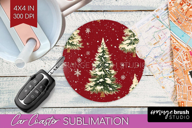 Christmas Tree Car Coaster - Vintage Christmas Sublimation Sublimation OrangeBrushStudio 