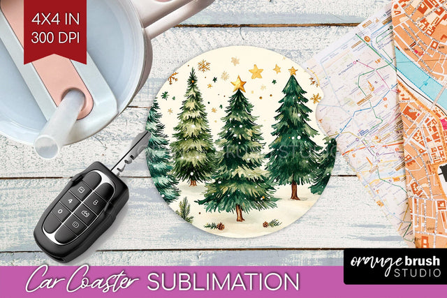 Christmas Tree Car Coaster - Vintage Christmas Sublimation Sublimation OrangeBrushStudio 