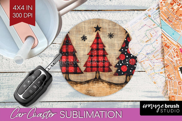 Christmas Tree Car Coaster - Vintage Christmas Sublimation Sublimation OrangeBrushStudio 