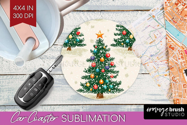 Christmas Tree Car Coaster - Vintage Christmas Sublimation Sublimation OrangeBrushStudio 