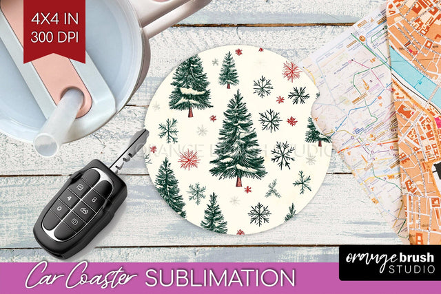 Christmas Tree Car Coaster - Vintage Christmas Sublimation Sublimation OrangeBrushStudio 