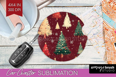 Christmas Tree Car Coaster - Vintage Christmas Sublimation Sublimation OrangeBrushStudio 