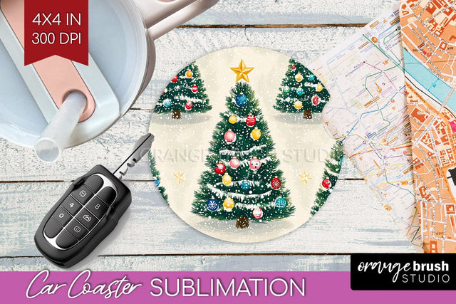 Christmas Tree Car Coaster - Vintage Christmas Sublimation Sublimation OrangeBrushStudio 