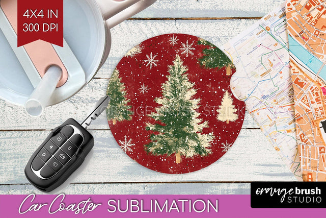 Christmas Tree Car Coaster - Vintage Christmas Sublimation Sublimation OrangeBrushStudio 
