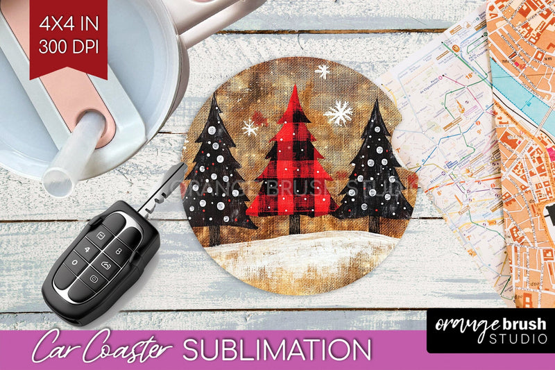 Christmas Tree Car Coaster - Vintage Christmas Sublimation Sublimation OrangeBrushStudio 