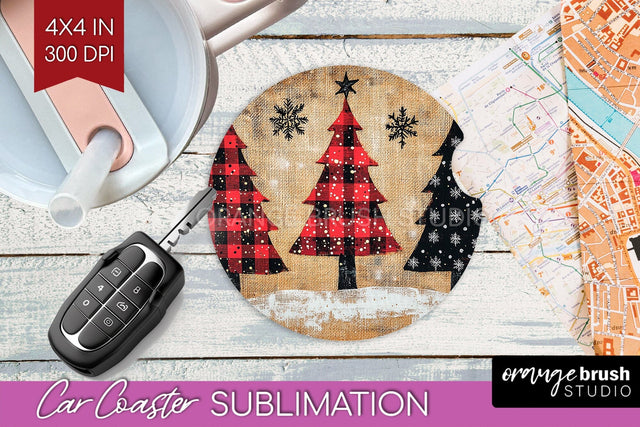Christmas Tree Car Coaster - Vintage Christmas Sublimation Sublimation OrangeBrushStudio 