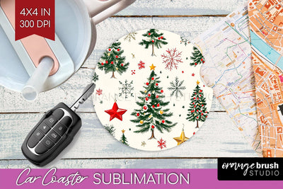 Christmas Tree Car Coaster - Vintage Christmas Sublimation Sublimation OrangeBrushStudio 