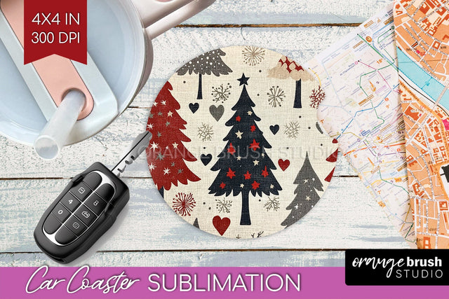 Christmas Tree Car Coaster - Vintage Christmas Sublimation Sublimation OrangeBrushStudio 