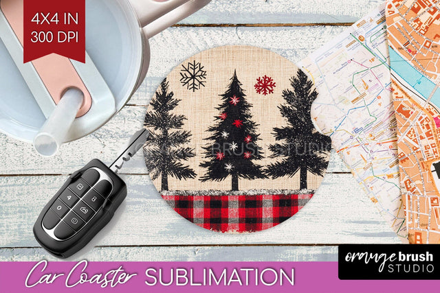 Christmas Tree Car Coaster - Vintage Christmas Sublimation Sublimation OrangeBrushStudio 