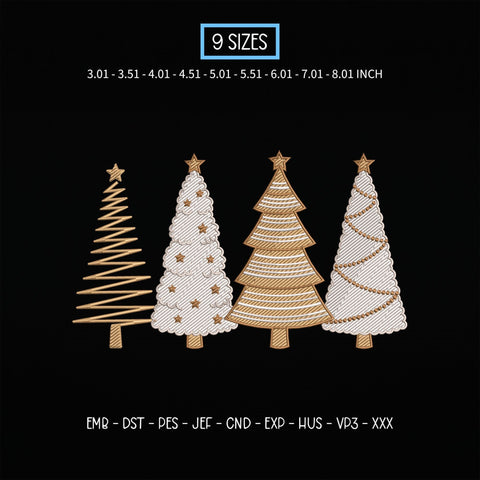 Christmas Tree Embroidery Design – Four Elegant Gold and White Holiday Trees Machine Embroidery File Embroidery/Applique DESIGNS PatternFeed8 
