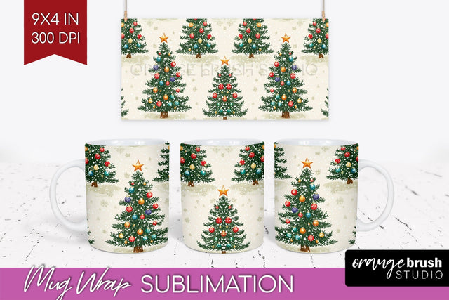 Christmas Tree Mug Wrap - Vintage Christmas Mug Sublimation Sublimation OrangeBrushStudio 