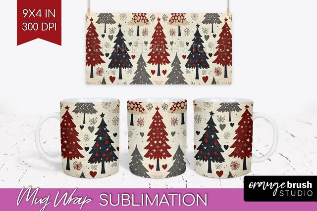 Christmas Tree Mug Wrap - Vintage Christmas Mug Sublimation Sublimation OrangeBrushStudio 