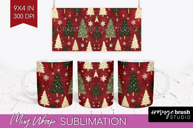 Christmas Tree Mug Wrap - Vintage Christmas Mug Sublimation Sublimation OrangeBrushStudio 
