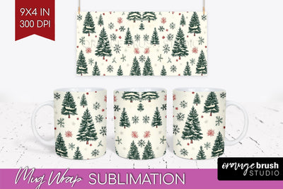 Christmas Tree Mug Wrap - Vintage Christmas Mug Sublimation Sublimation OrangeBrushStudio 