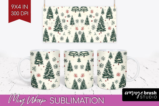 Christmas Tree Mug Wrap - Vintage Christmas Mug Sublimation Sublimation OrangeBrushStudio 