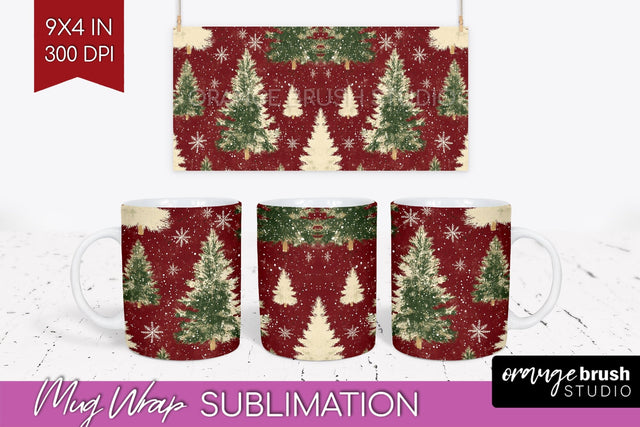 Christmas Tree Mug Wrap - Vintage Christmas Mug Sublimation Sublimation OrangeBrushStudio 