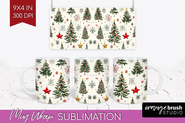 Christmas Tree Mug Wrap - Vintage Christmas Mug Sublimation Sublimation OrangeBrushStudio 