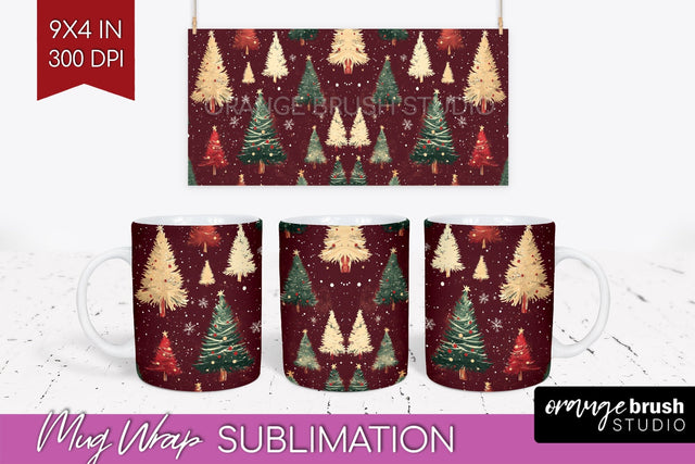 Christmas Tree Mug Wrap - Vintage Christmas Mug Sublimation Sublimation OrangeBrushStudio 