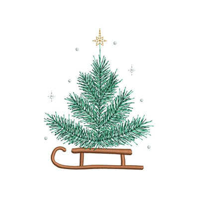 Christmas Tree on Sleigh Vintage Holiday with Star & Snowflakes Machine Embroidery Design, 4 sizes, Instant Download Embroidery/Applique DESIGNS Nino Nadaraia 