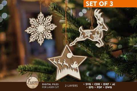 Christmas Tree Ornaments BUNDLE, Decorative Template, Wood Cut and Paper Cut Files SVG LaserCutano 
