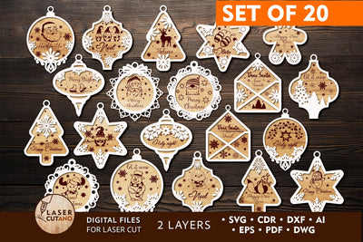 Christmas Tree Ornaments Set Templates, Laser Cut Files SVG LaserCutano 