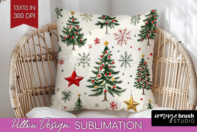Christmas Tree Pillow Sublimation - Vintage Christmas Pillow Sublimation OrangeBrushStudio 