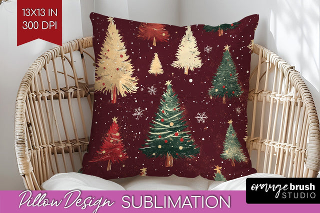 Christmas Tree Pillow Sublimation - Vintage Christmas Pillow Sublimation OrangeBrushStudio 