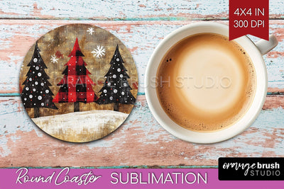 Christmas Tree Round Coaster PNG - Vintage Christmas Coaster Sublimation OrangeBrushStudio 