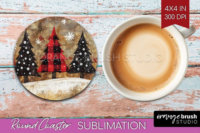 Christmas Tree Round Coaster PNG - Vintage Christmas Coaster Sublimation OrangeBrushStudio 