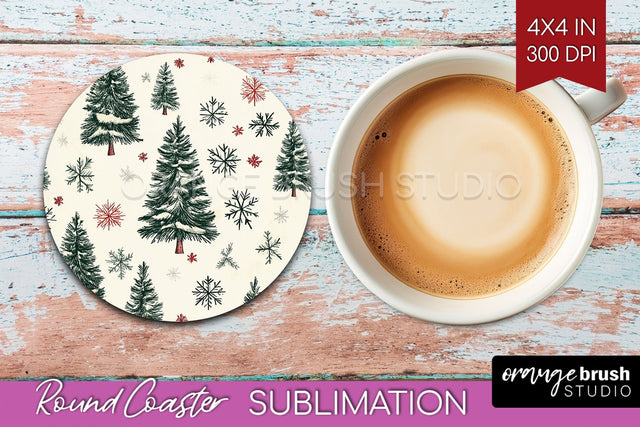 Christmas Tree Round Coaster PNG - Vintage Christmas Coaster Sublimation OrangeBrushStudio 