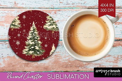 Christmas Tree Round Coaster PNG - Vintage Christmas Coaster Sublimation OrangeBrushStudio 