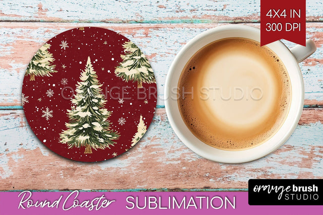 Christmas Tree Round Coaster PNG - Vintage Christmas Coaster Sublimation OrangeBrushStudio 