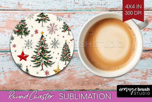 Christmas Tree Round Coaster PNG - Vintage Christmas Coaster Sublimation OrangeBrushStudio 