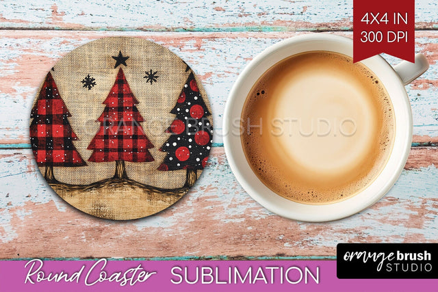 Christmas Tree Round Coaster PNG - Vintage Christmas Coaster Sublimation OrangeBrushStudio 