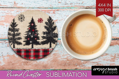 Christmas Tree Round Coaster PNG - Vintage Christmas Coaster Sublimation OrangeBrushStudio 