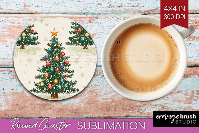 Christmas Tree Round Coaster PNG - Vintage Christmas Coaster Sublimation OrangeBrushStudio 
