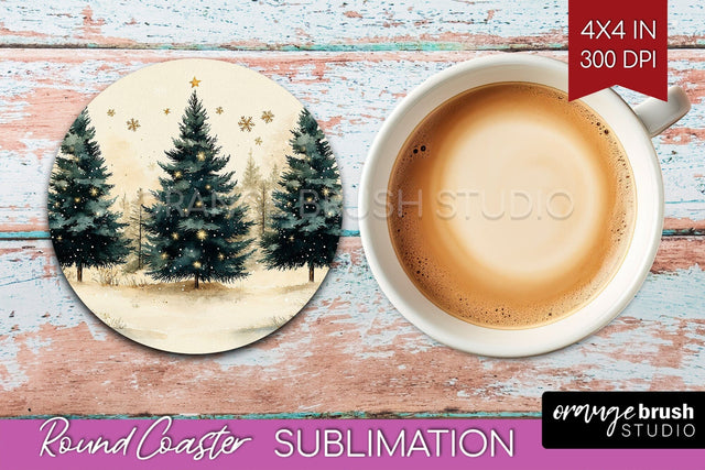 Christmas Tree Round Coaster PNG - Vintage Christmas Coaster Sublimation OrangeBrushStudio 