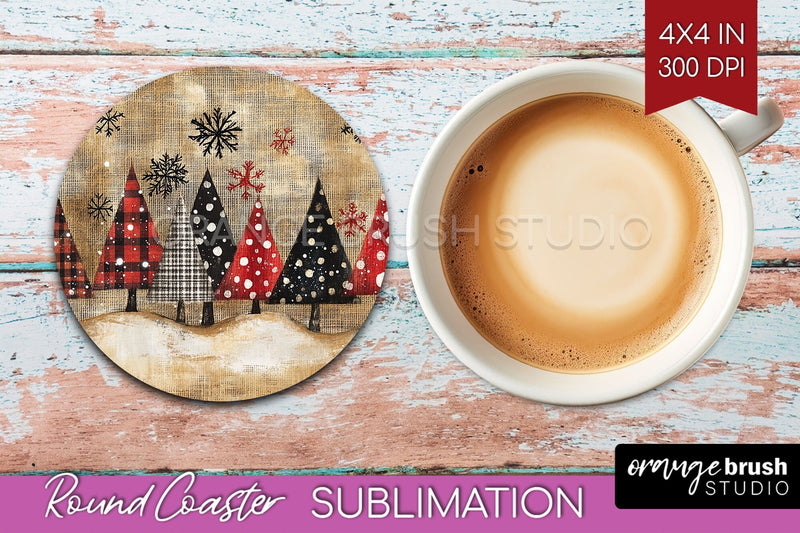 Christmas Tree Round Coaster PNG - Vintage Christmas Coaster Sublimation OrangeBrushStudio 