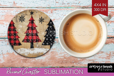 Christmas Tree Round Coaster PNG - Vintage Christmas Coaster Sublimation OrangeBrushStudio 