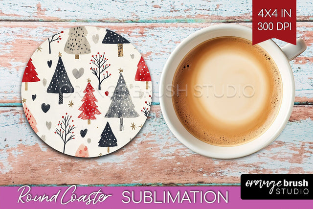 Christmas Tree Round Coaster PNG - Vintage Christmas Coaster Sublimation OrangeBrushStudio 