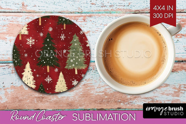 Christmas Tree Round Coaster PNG - Vintage Christmas Coaster Sublimation OrangeBrushStudio 