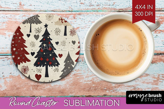 Christmas Tree Round Coaster PNG - Vintage Christmas Coaster Sublimation OrangeBrushStudio 