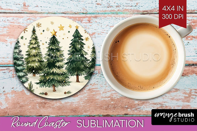 Christmas Tree Round Coaster PNG - Vintage Christmas Coaster Sublimation OrangeBrushStudio 